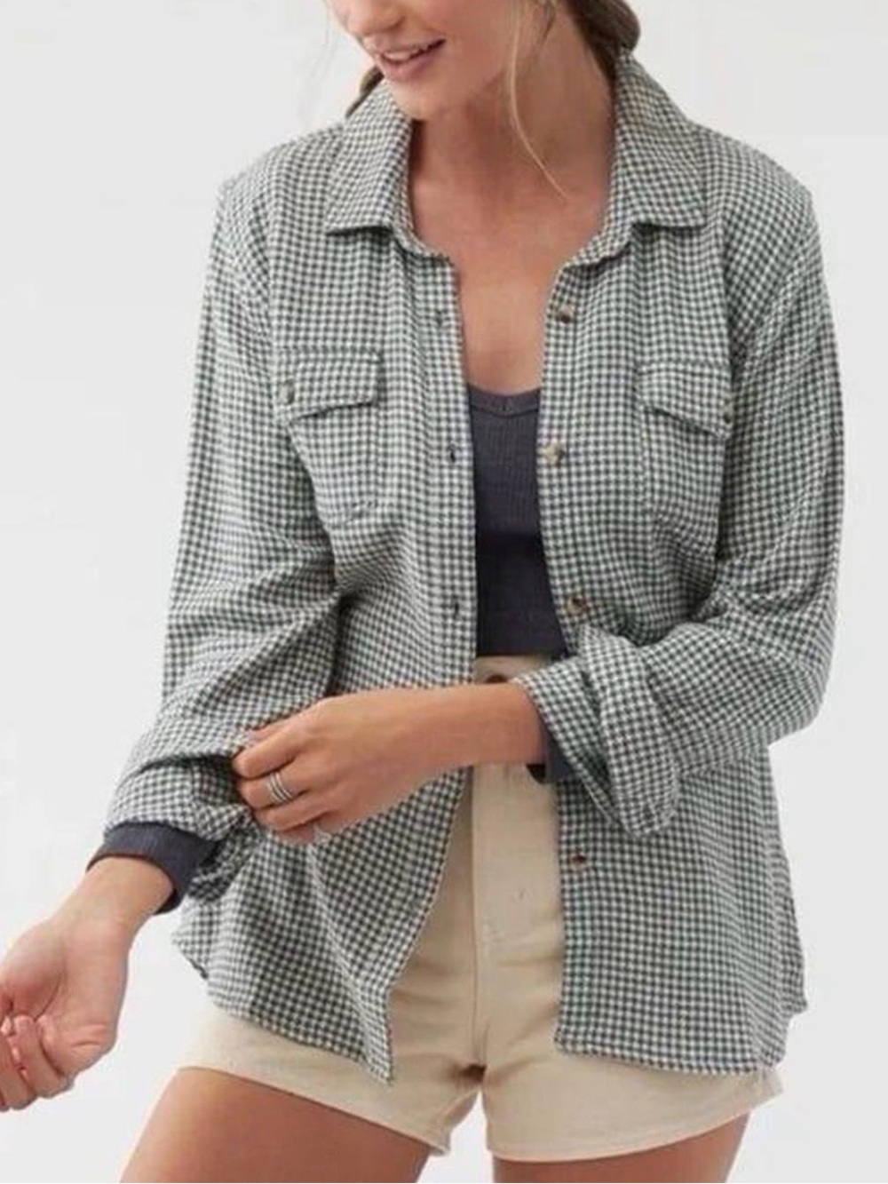 Hollister Boyfriend Fit Button Up Flannel Shacket Houndstooth Black White Small